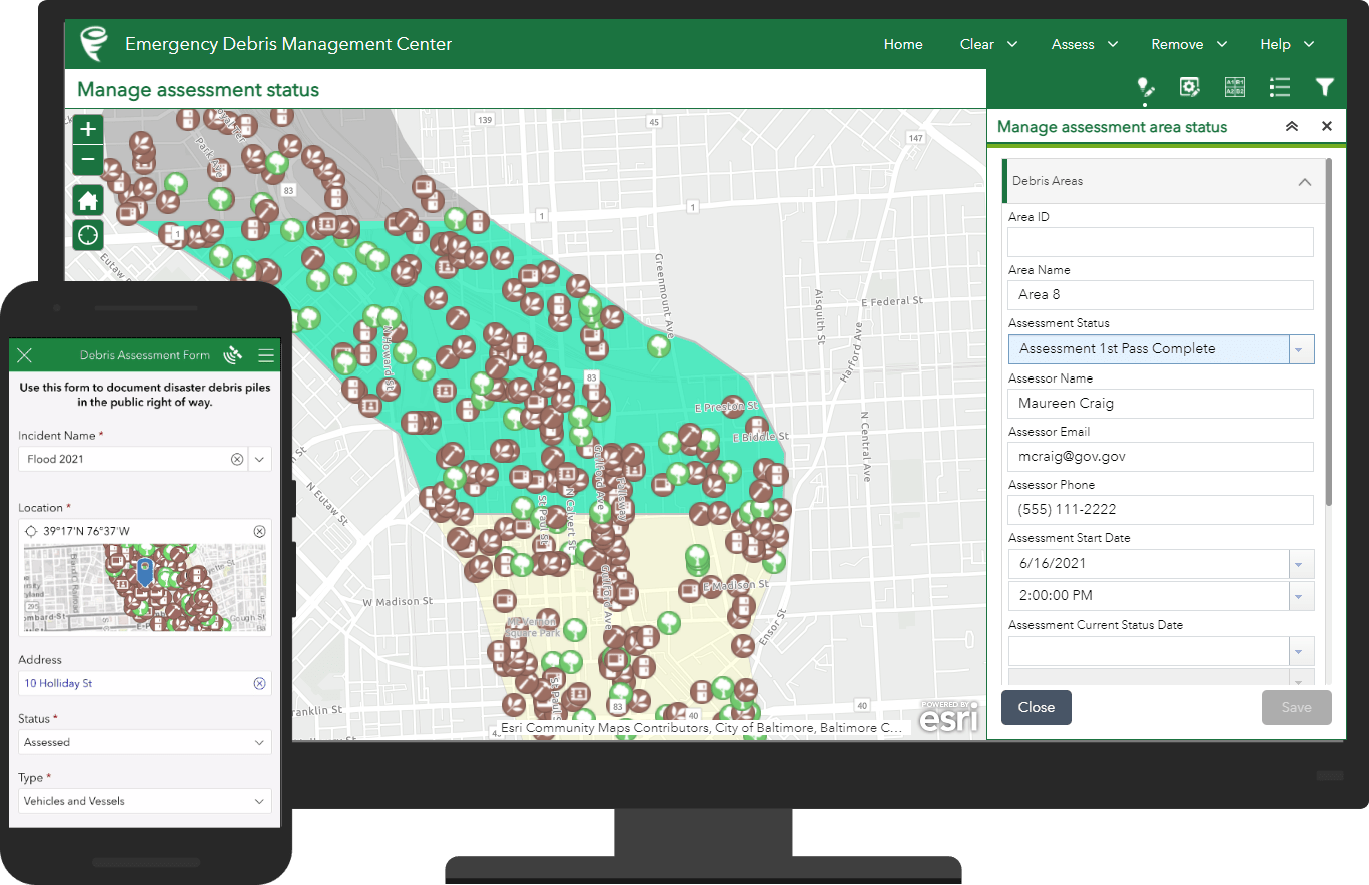 The Debris Assessment Form displayed on a mobile device and the Emergency Debris Management Center displayed on a monitor, showing the Manage Assessment Status page.