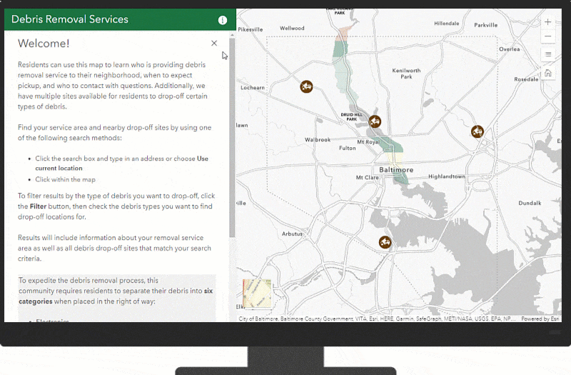 The Debris Removal Status app displayed on a monitor,.