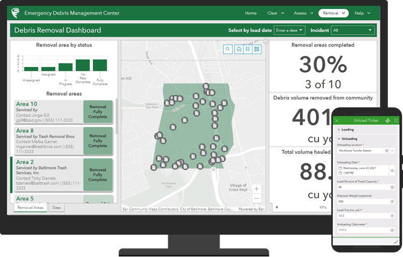 The Load Ticket displayed on a mobile device and the Emergency Debris Management Center displayed on a monitor set to the Debris Removal Dashboard page.