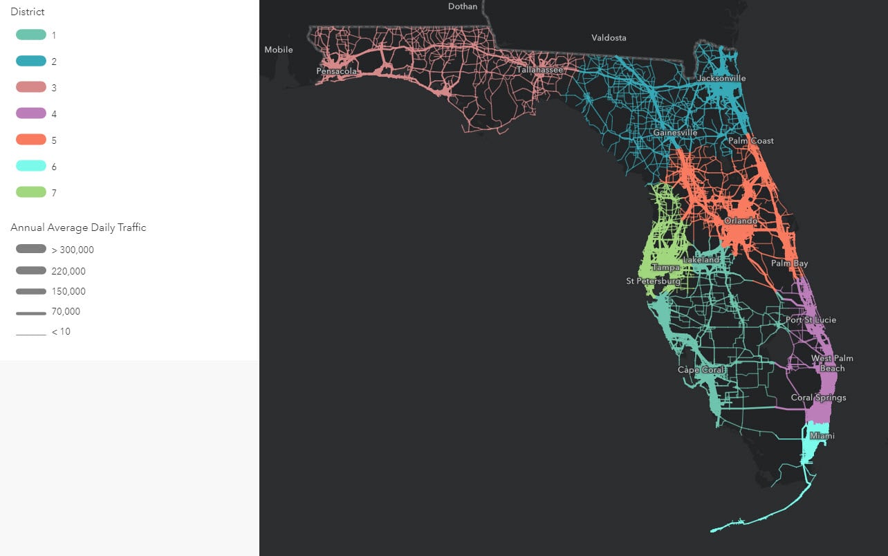 Same map of Florida streets as before, although this one shows the lines in various widths corresponding to the traffic (wider lines = more traffic). Same map of Florida streets as before, although this one shows the lines in various widths corresponding to the traffic (wider lines = more traffic).