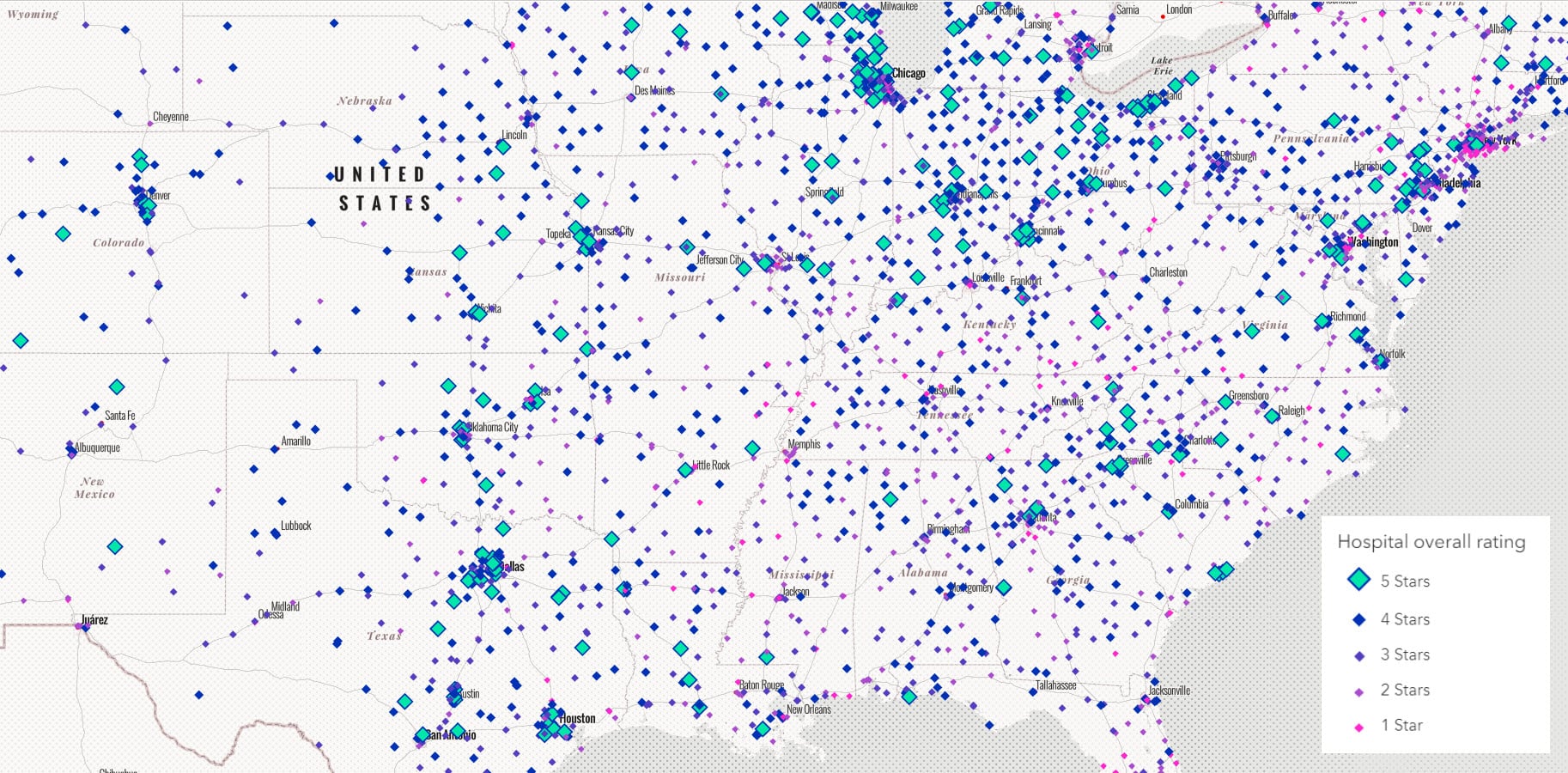 Map of points (hospitals) symbolized by their Medicare Quality score, with hospitals with 5 stars displayed by the biggest sized points. Map of points (hospitals) symbolized by their Medicare Quality score, with hospitals with 5 stars displayed by the biggest sized points.