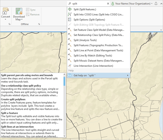 Searching for the term 'split' in ArcGIS Pro's Command Search