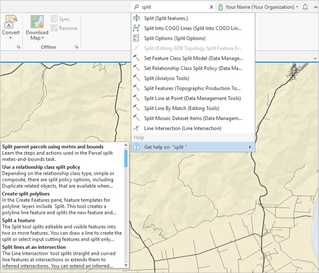 Searching for the term 'split' in ArcGIS Pro's Command Search Searching for the term 'split' in ArcGIS Pro's Command Search