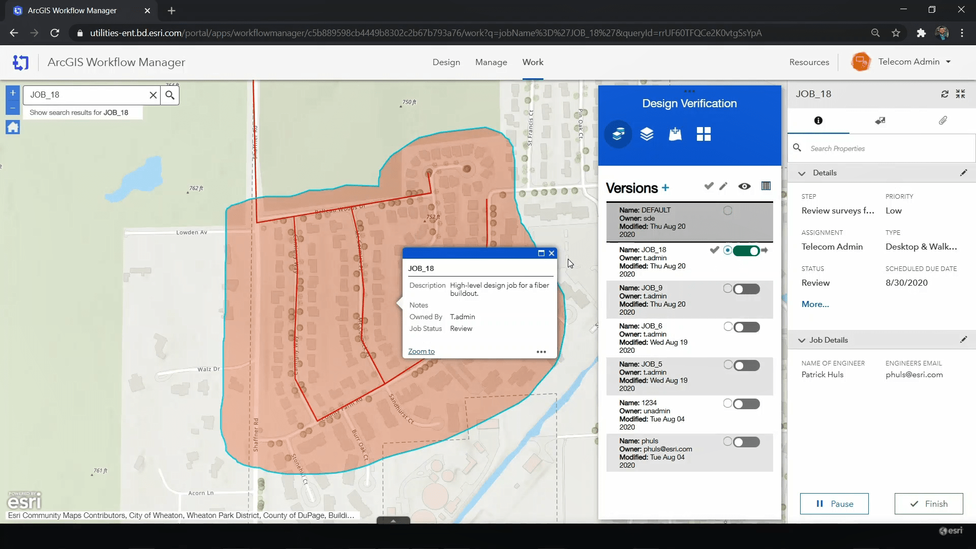 A telecom web app opened with the ArcGIS Workflow Manager web app