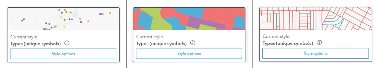 Thumbnails of how the Types (unique symbols) option looks in ArcGIS Online for points, lines, and polygons. Thumbnails of how the Types (unique symbols) option looks in ArcGIS Online for points, lines, and polygons.