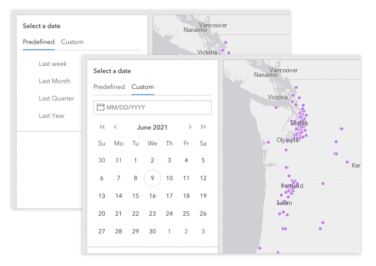 Use tabs to move between predefined and custom dates.