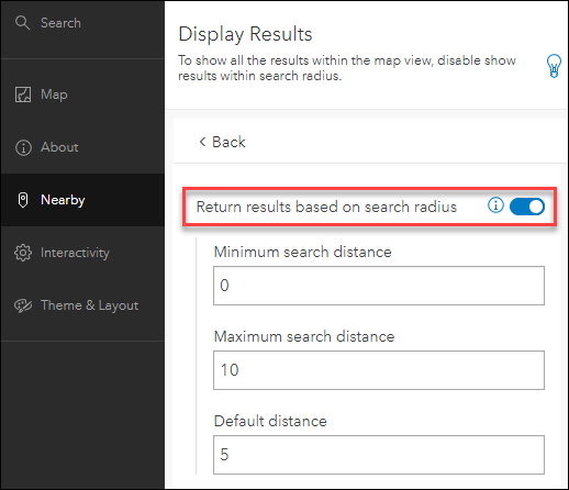 Toggle "Return results based on search radius" in the app configuration to find results based on search radius or map extent