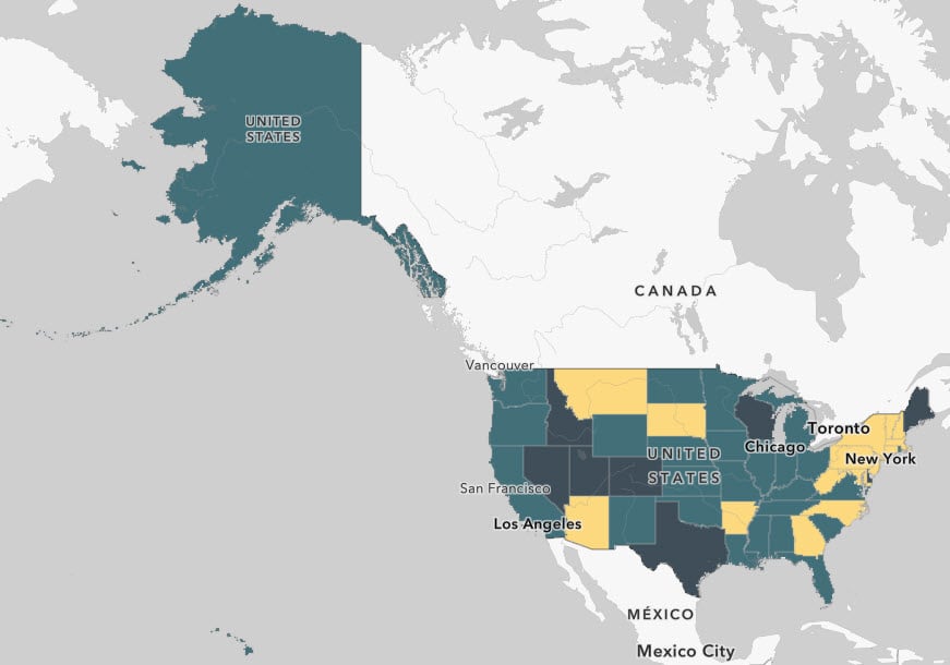 Every state symbolized by its payday lending laws: dark teal, light teal, or yellow.