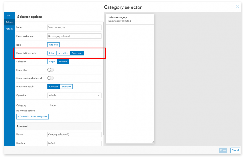 Set the presentation mode in the selector configuration menu. Set the presentation mode in the selector configuration menu.