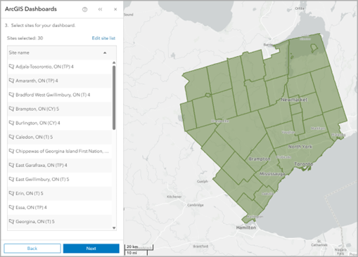 Sites added to the create a dashboard workflow