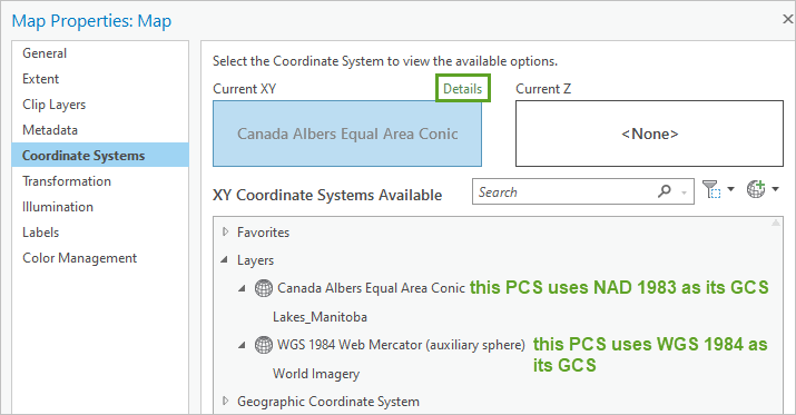 Details link in the Coordinate Systems page Details link in the Coordinate Systems page