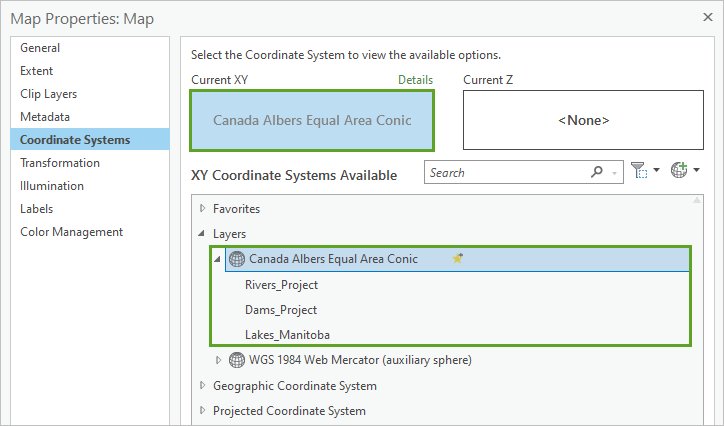 Layers list in the Coordinate Systems page of the Map Properties window