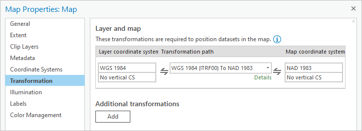 Transformation page of the Map Properties window Transformation page of the Map Properties window
