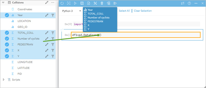 Drag fields to the scripting console