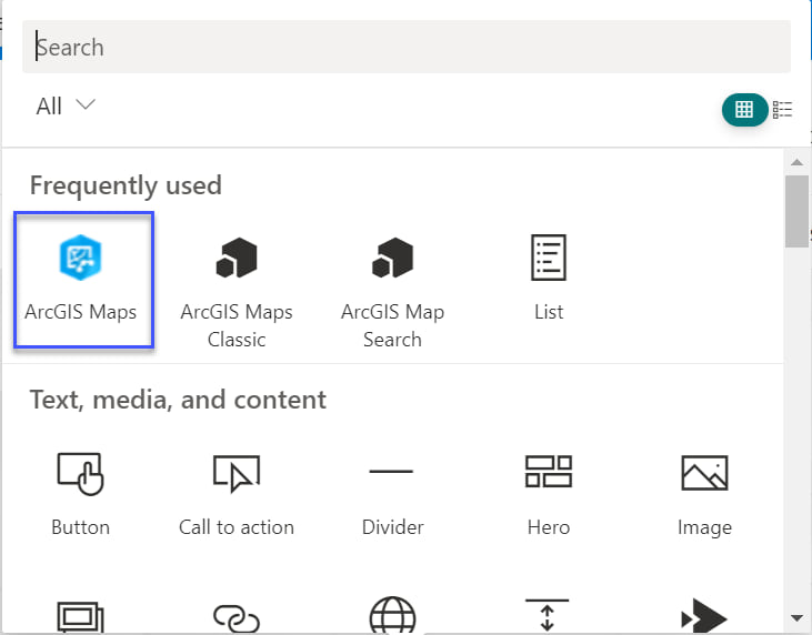 Webpart designed for modern SharePoint pages called ArcGIS Maps