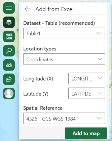 Add from Excel pane in ArcGIS for Office