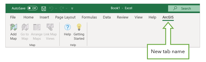ArcGIS ribbon showing ArcGIS tab button ArcGIS ribbon showing ArcGIS tab button