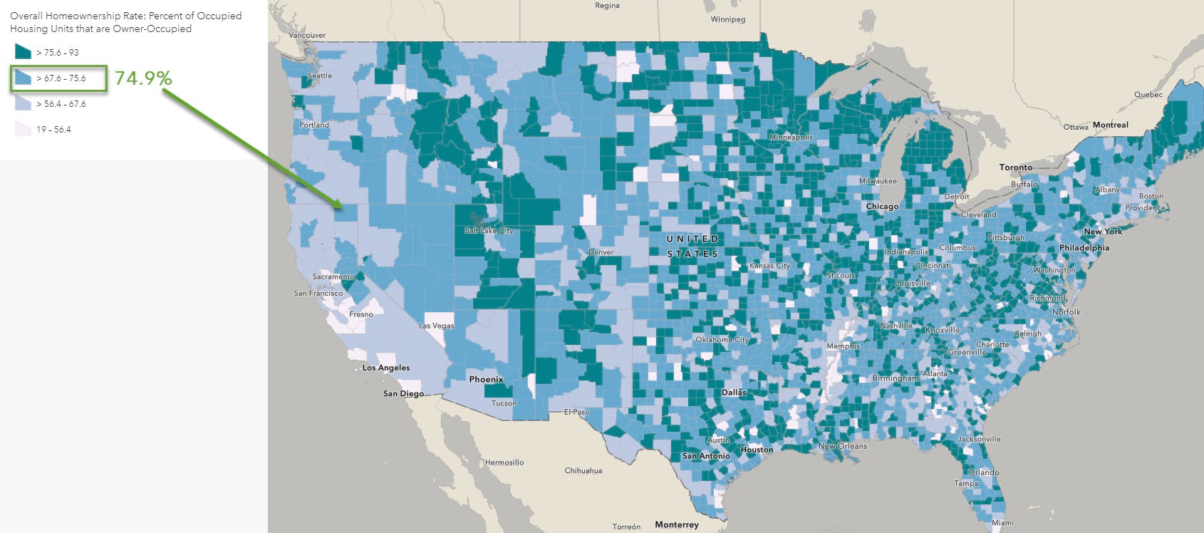 A classified map of homeownership rates with Modoc County in the 2nd-darkest blue. Each county is one of only four shades of blue.
