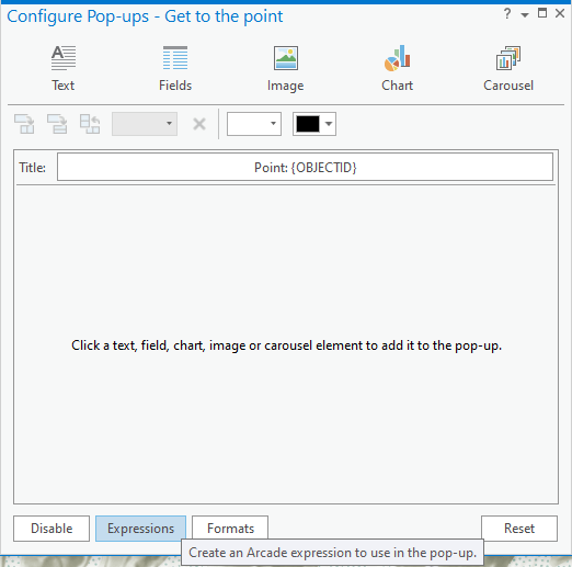 Configure pop-ups window in ArcGIS Pro, showing where the Expressions button is.