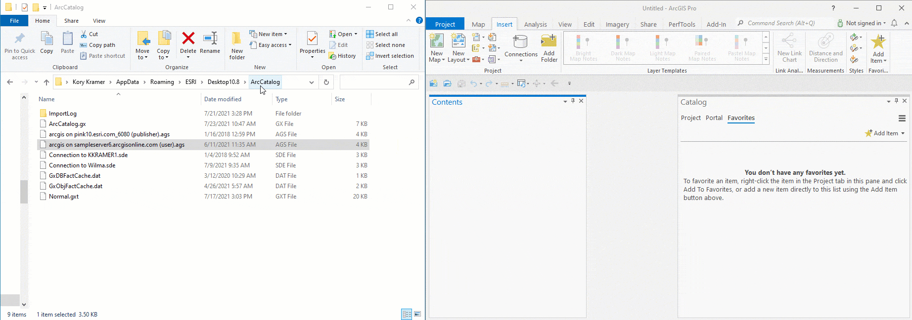 Drag .ags and .sde connections from Windows File Explorer into Favorites in either the Catalog pane or Catalog view