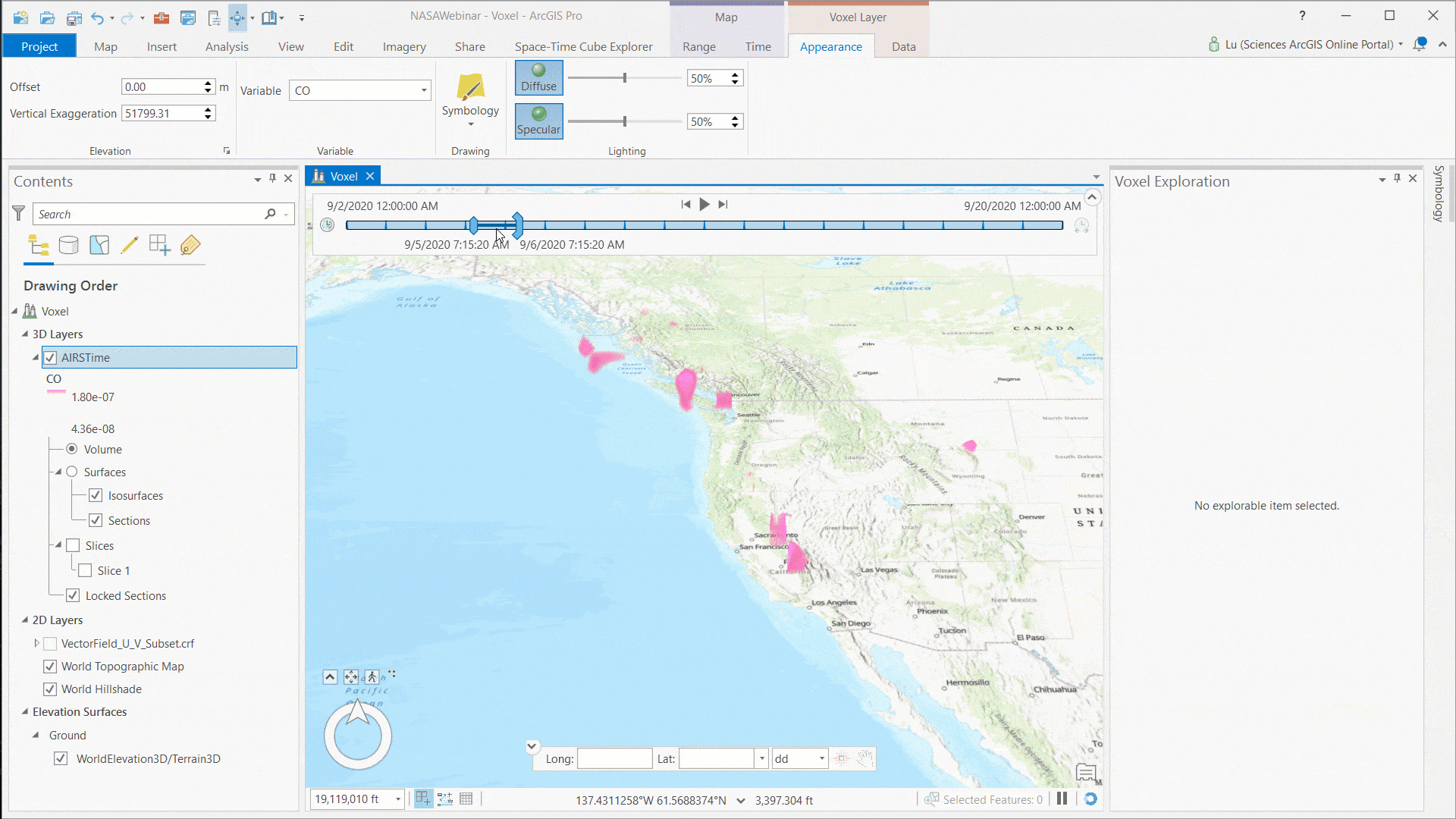 The time slider animates the CO values through time.