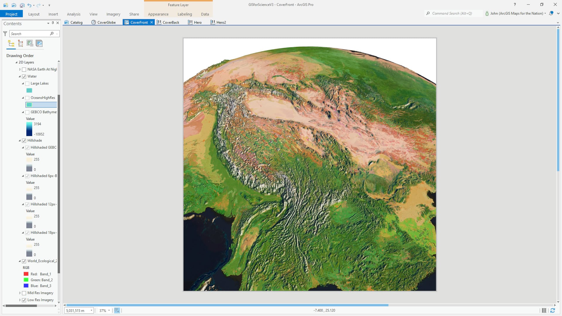 ArcGIS Pro 3D global scene with hillshade. ArcGIS Pro 3D global scene with hillshade.