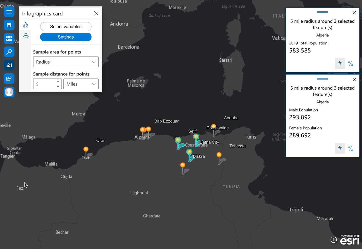 5 mile radius around 3 selected features infographics card analysis result interface