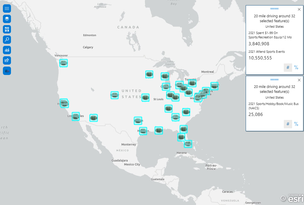 Selected NFL team stadiums map view with added infographics card analysis results