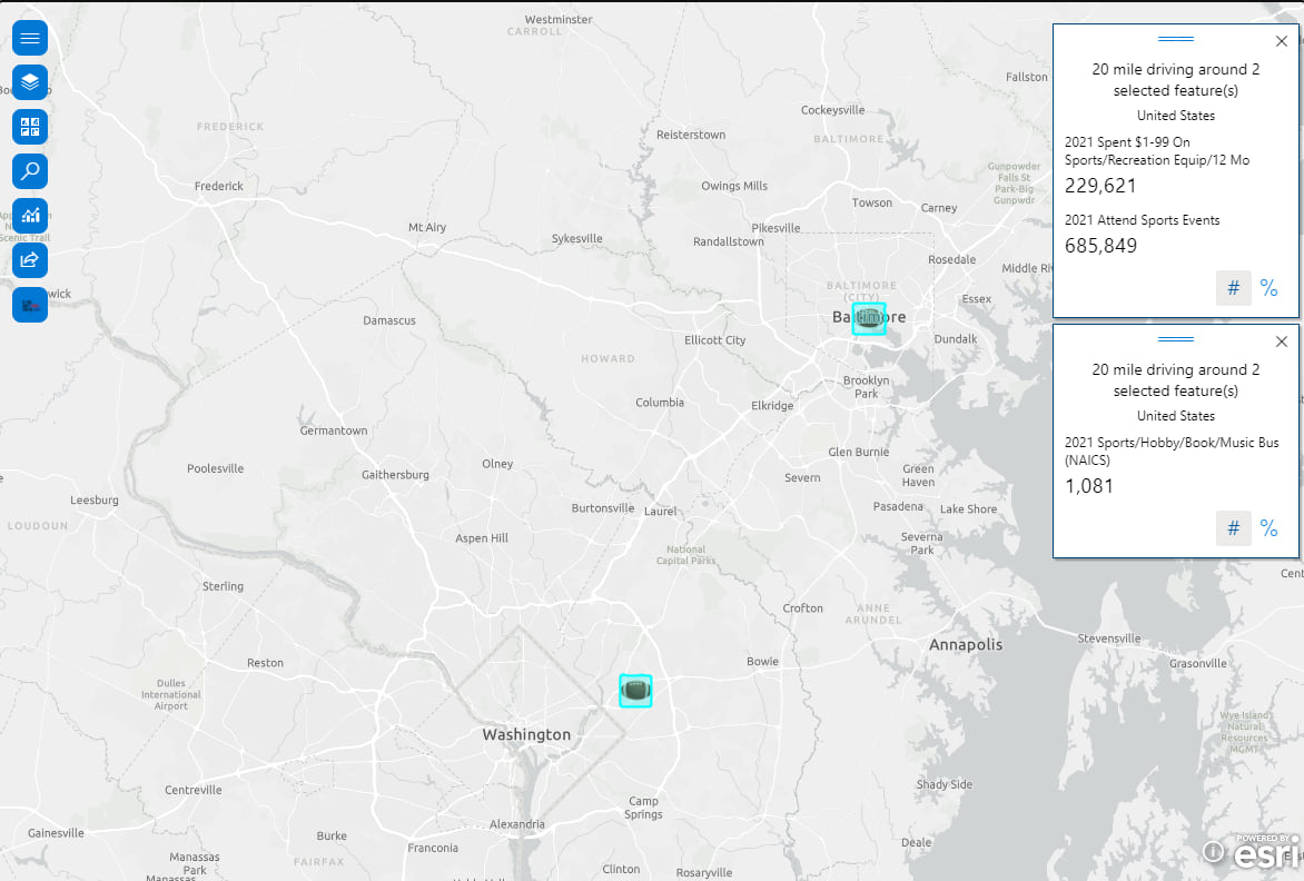 NFL team stadiums map view with added infographics card analysis results in DMV area