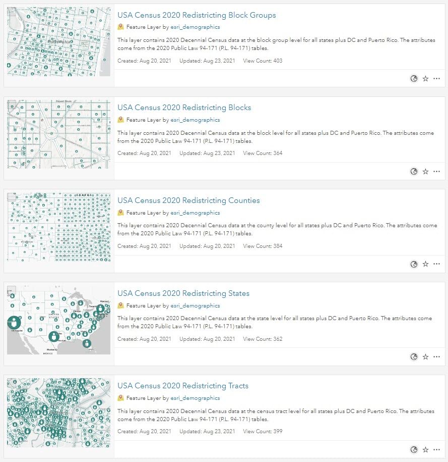 Item cards for all geography levels in alphabetical order: Block Groups, Blocks, Counties, States, Tracts Item cards for all geography levels in alphabetical order: Block Groups, Blocks, Counties, States, Tracts