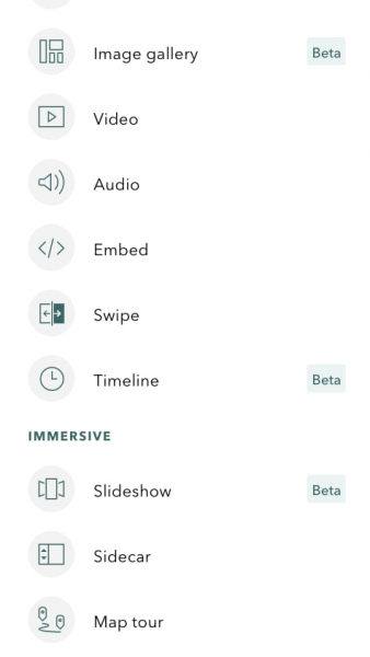 The ArcGIS StoryMaps builder menu shows the content block options for adding media to a story