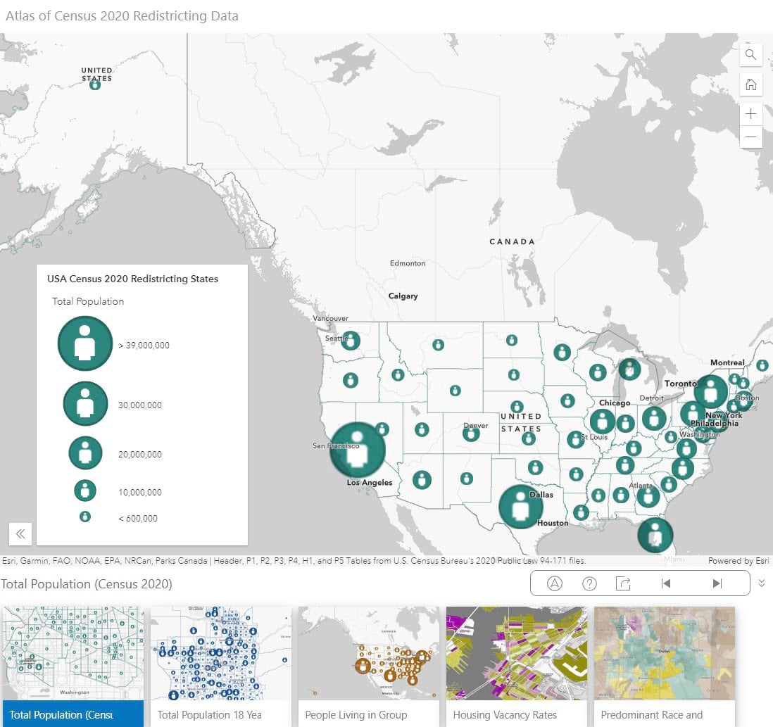 Atlas of Census 2020 Redistricting Data. Opens on a map of Total Population, but has thumbnails at the bottom to navigate to other maps.