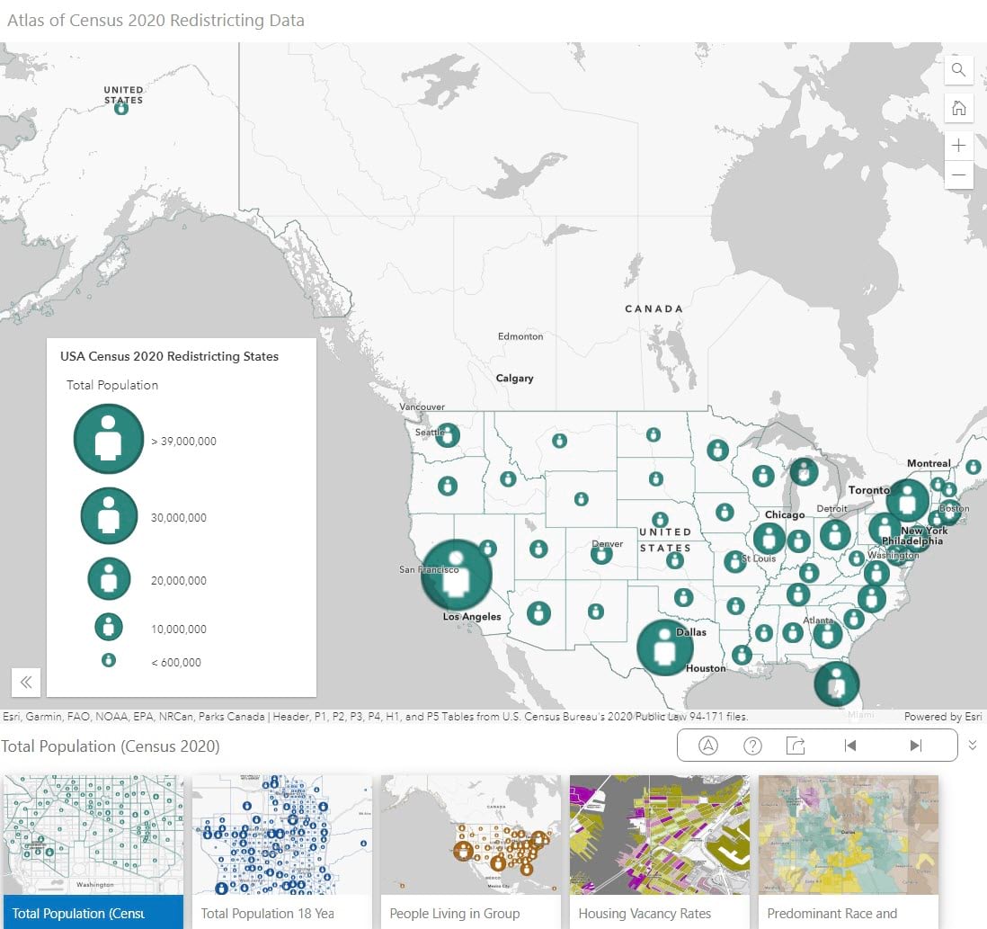 Atlas of Census 2020 Redistricting Data. Opens on a map of Total Population, but has thumbnails at the bottom to navigate to other maps. Atlas of Census 2020 Redistricting Data. Opens on a map of Total Population, but has thumbnails at the bottom to navigate to other maps.