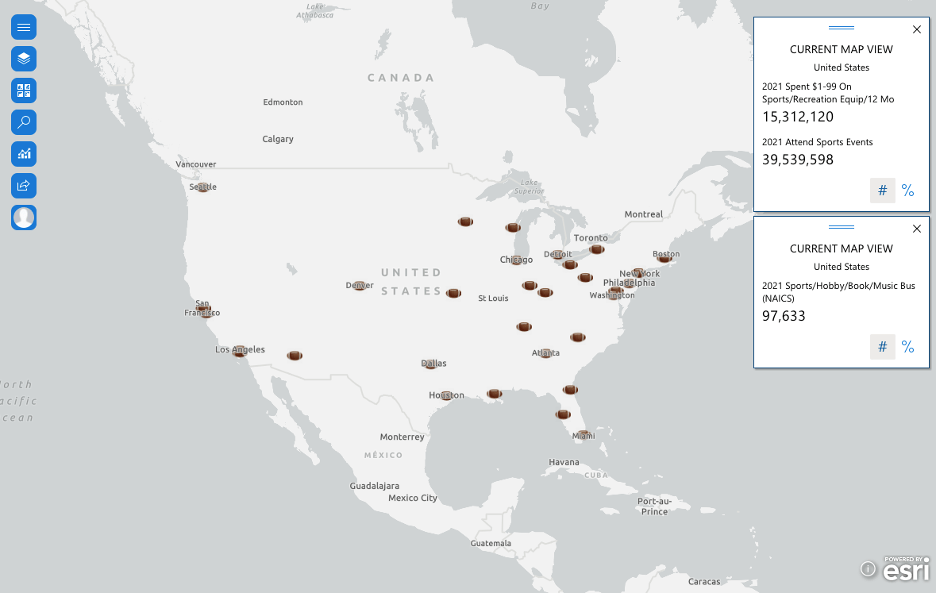 NFL team stadiums map view with added infographics cards