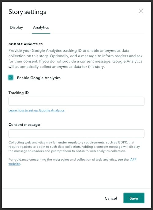 Google Analytics configuration options can be found in the new Analytics tab in the Story settings Google Analytics configuration options can be found in the new Analytics tab in the Story settings