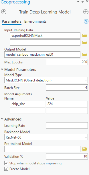 Train Deep Learning Model tool with parameters