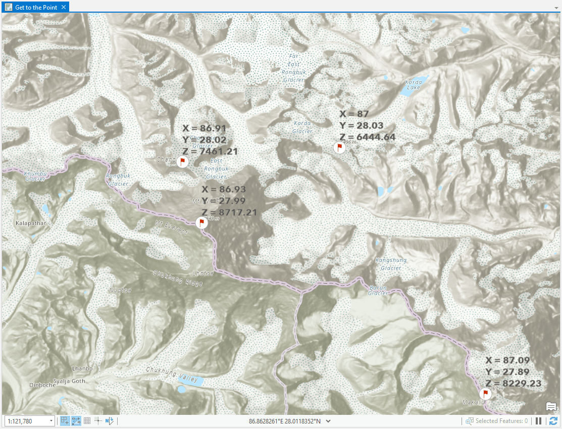 Himalayan peaks labeled with their x,y,z values