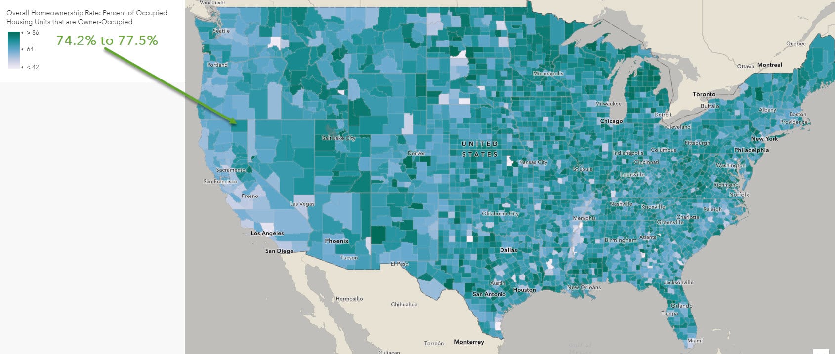 An unclassed map of homeownership, in which each value between 42% and 86% gets its own shade of blue. An unclassed map of homeownership, in which each value between 42% and 86% gets its own shade of blue.