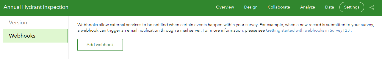Hydrant Survey Add Webhooks Page