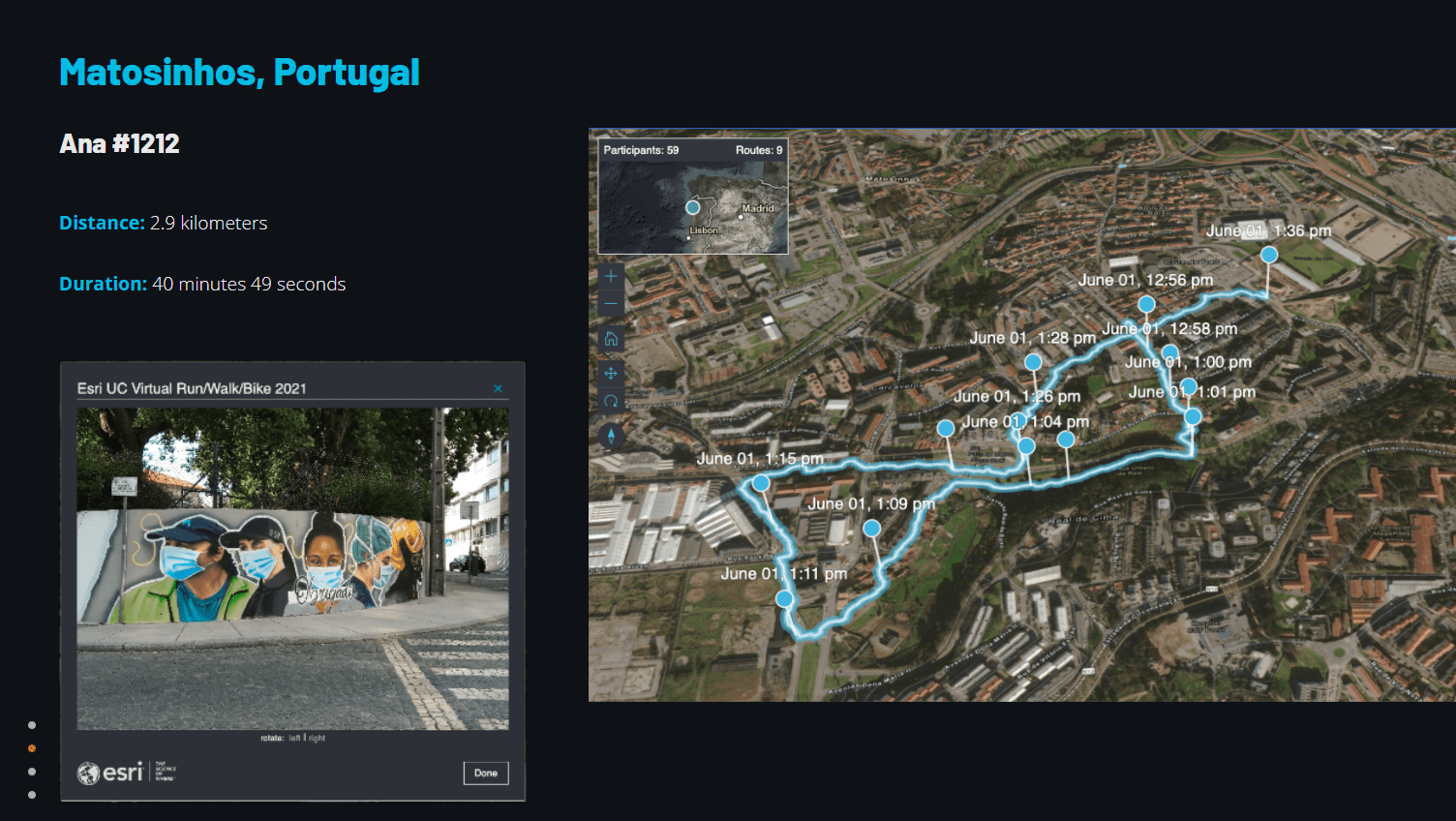 Photo and map showing distance, duration, and route of Ana's run Photo and map showing distance, duration, and route of Ana's run