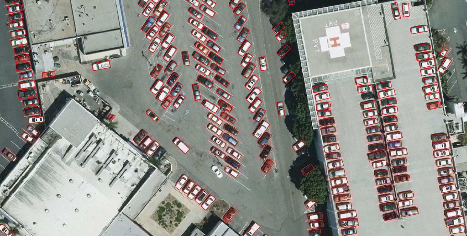 Cars detected in a parking lot Cars detected in a parking lot