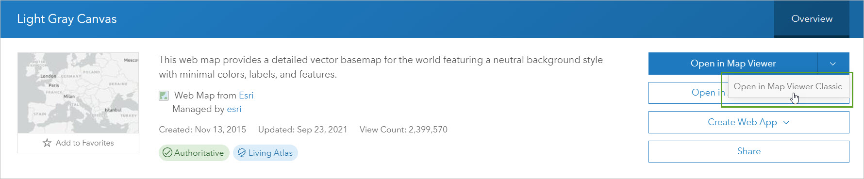Light Gray Canvas item page with Open in Map Viewer Classic selected