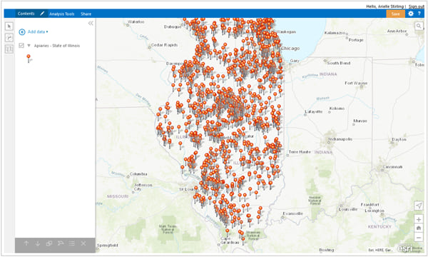 A map in the ArcGIS Maps Classic web part