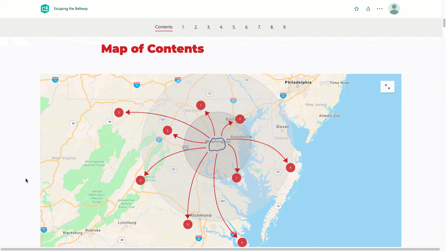 An animation of an express map in StoryMaps with a bunch of numbered pins; each pin contains a link to another section of the story that it represents