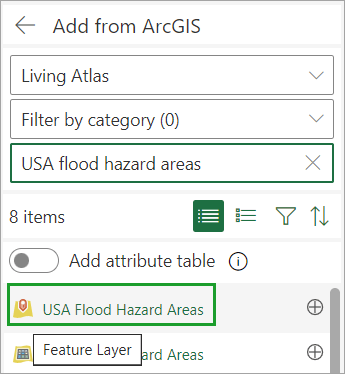 USA flood hazard areas feature layer selected