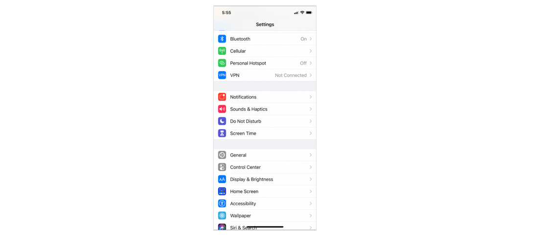 Settings page on iOS device