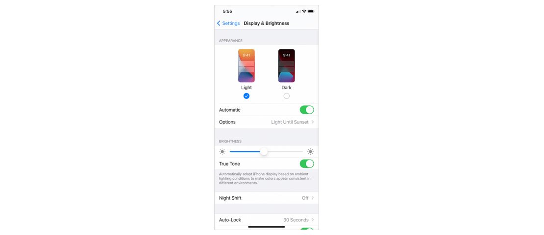 Display & Brightness settings on iOS device