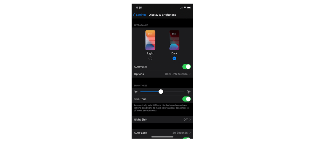 Dark mode on iOS device