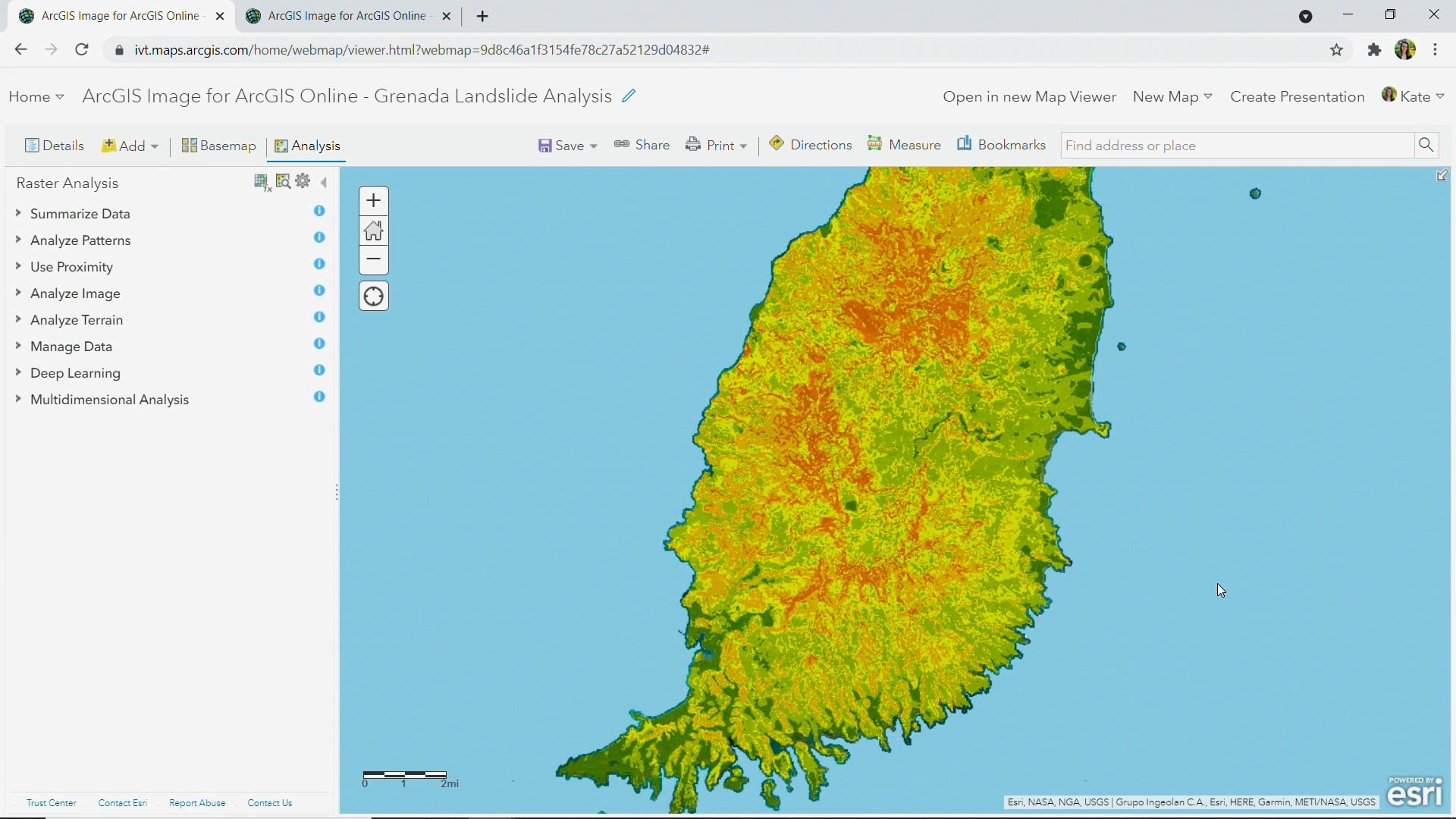 Landslide susceptibility map created using raster analytics