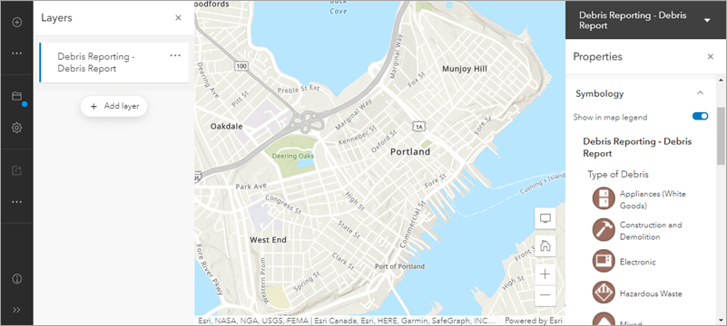 Debris Reporting layer added to a map